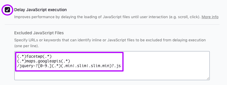 FacetWP and the WP Rocket Delay JavaScript execution setting