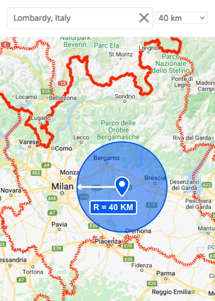 Proximity facet radius and countries / regions