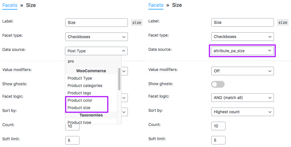 Facet Data source setting for WooCommerce global attributes.