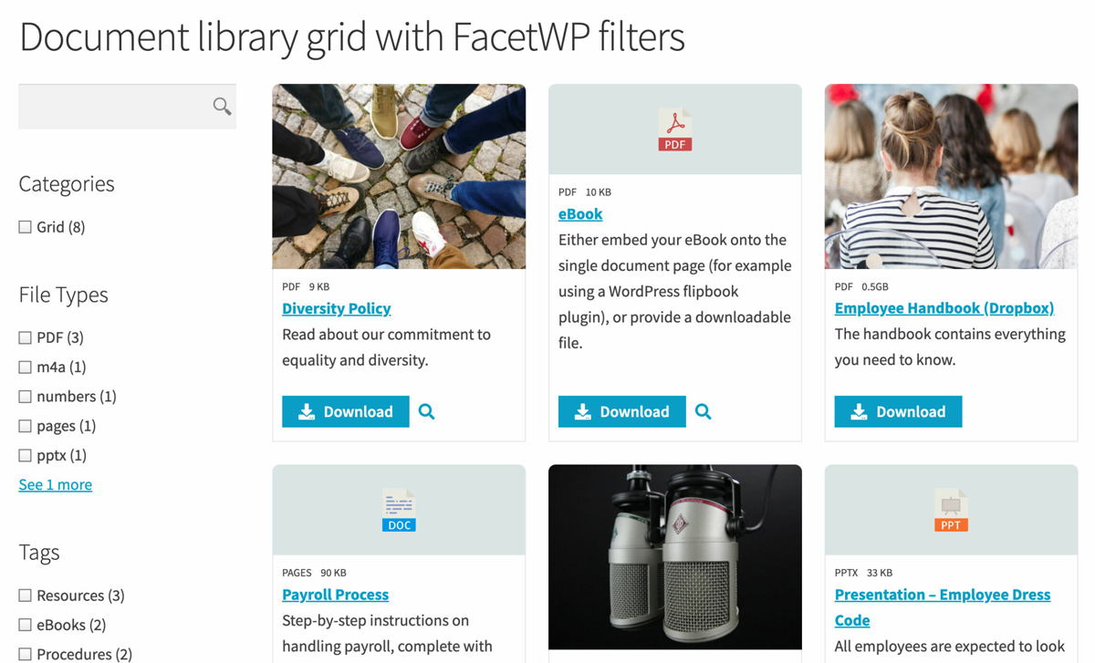 Barn2 Document Library Pro with FacetWP filters on a document library grid