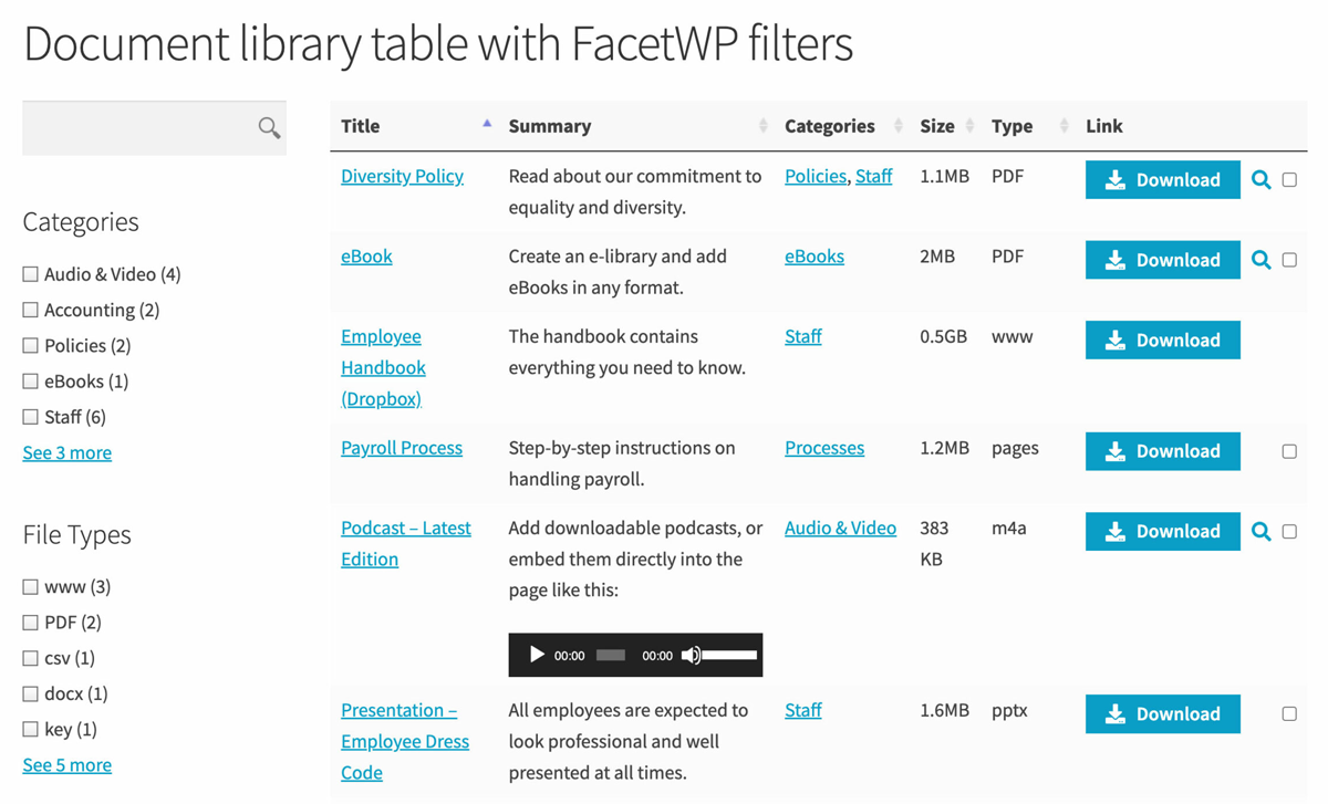 Barn2 Document Library Pro with FacetWP filters on a document library table