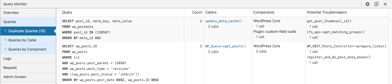 Analyzing duplicate queries with Query Monitor