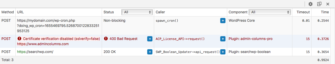 Query Monitor HTTP API Calls panel with errors