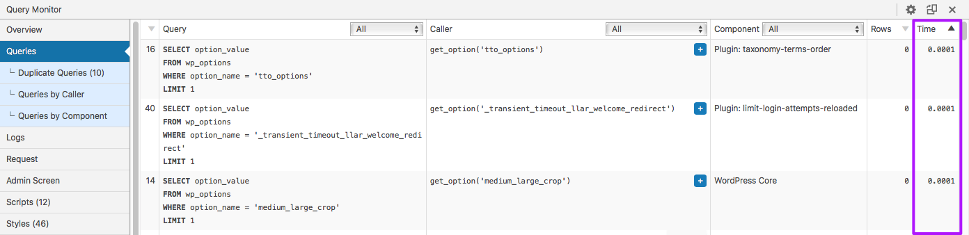 Query Monitor Queries panel - sort by query time