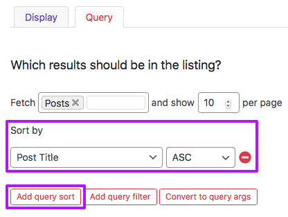 Adding sort order criteria in the Listing Builder Query tab