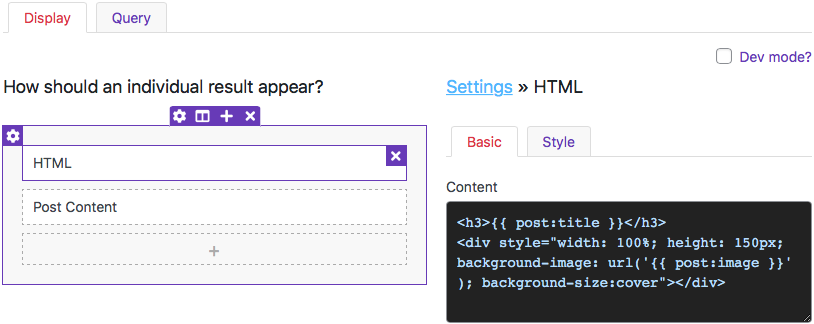 A Listing Builder HTML item with custom image tag as a CSS background image.