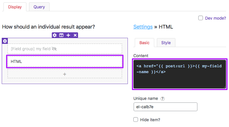 Add an HTML item in the Listing Builder with a built-in and a custom dynamic tag.
