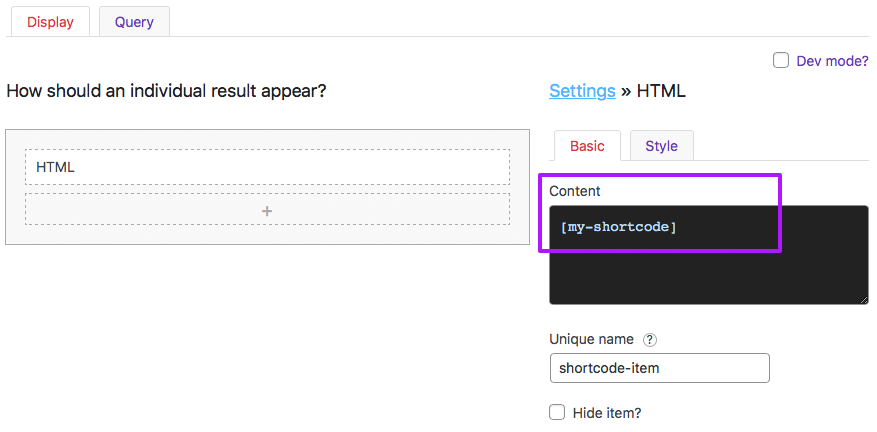 How to use shortcodes in an HTML item in the Listing Builder.