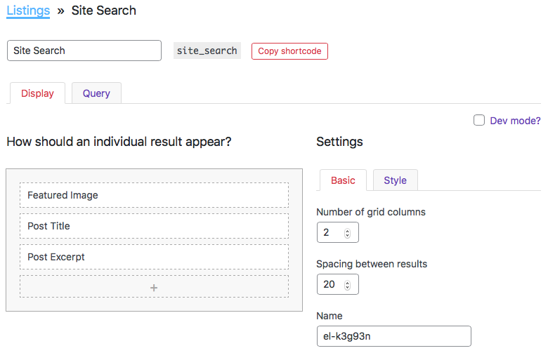 Creating a site search listing: display settings.