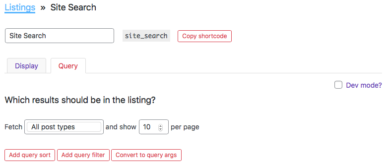 Creating a site search listing: query arguments.