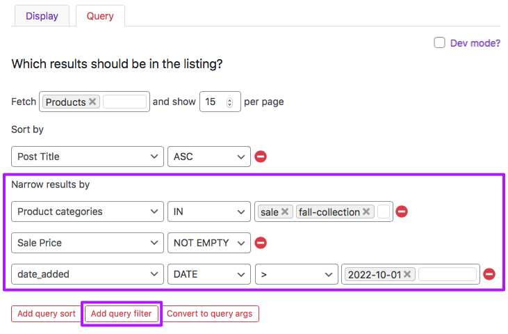 Listing builder - Query tab - define filtering rules.