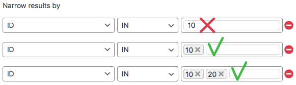 Listing builder - Query tab - query filter - entering values correctly.