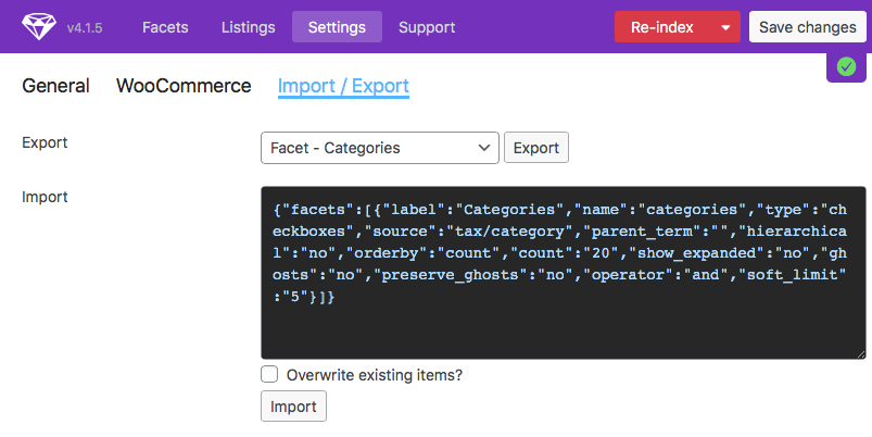 How to export a facet's settings.