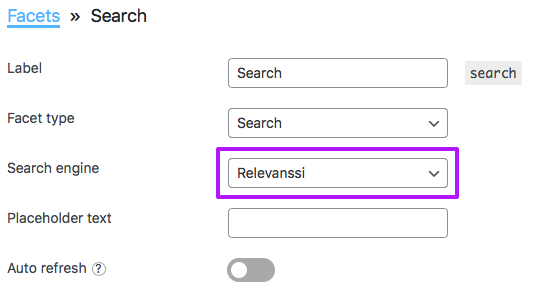 How to select the Relevanssi search engine the Search facet settings.