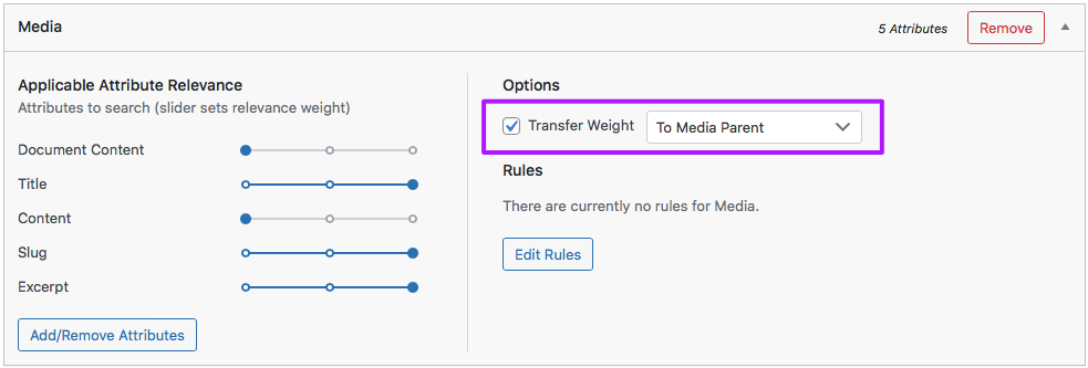 SeachWP's Transfer Weight - To Media Parent setting.