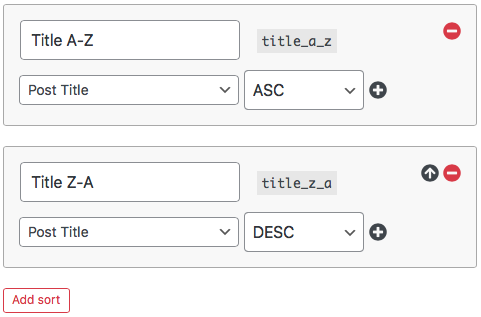 Sort facet options: sorting by Post Title ASC and DESC.