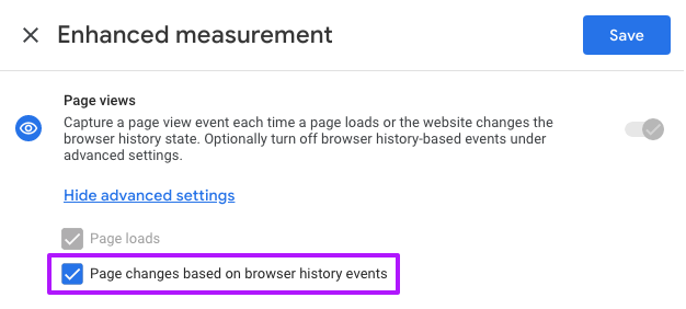 Enabling Google Analytics 4 'Advanced measurement' - 'Page changes based on browser history events' setting.