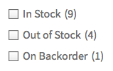 A stock status facet with '_stock_status' as Data Source, and 'index out-of-stock products?' enabled.
