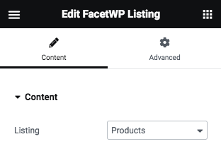 The FacetWP Elementor Listing widget settings.