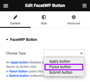 Add a flyout button with an Elementor add-on FacetWP Button widget.