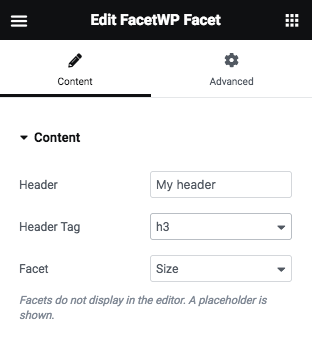 The FacetWP Elementor Facet widget settings.