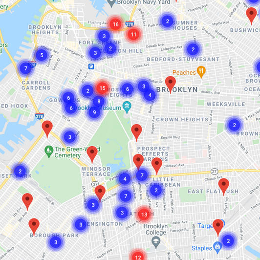 Marker clusters on a map, with default cluster icons.