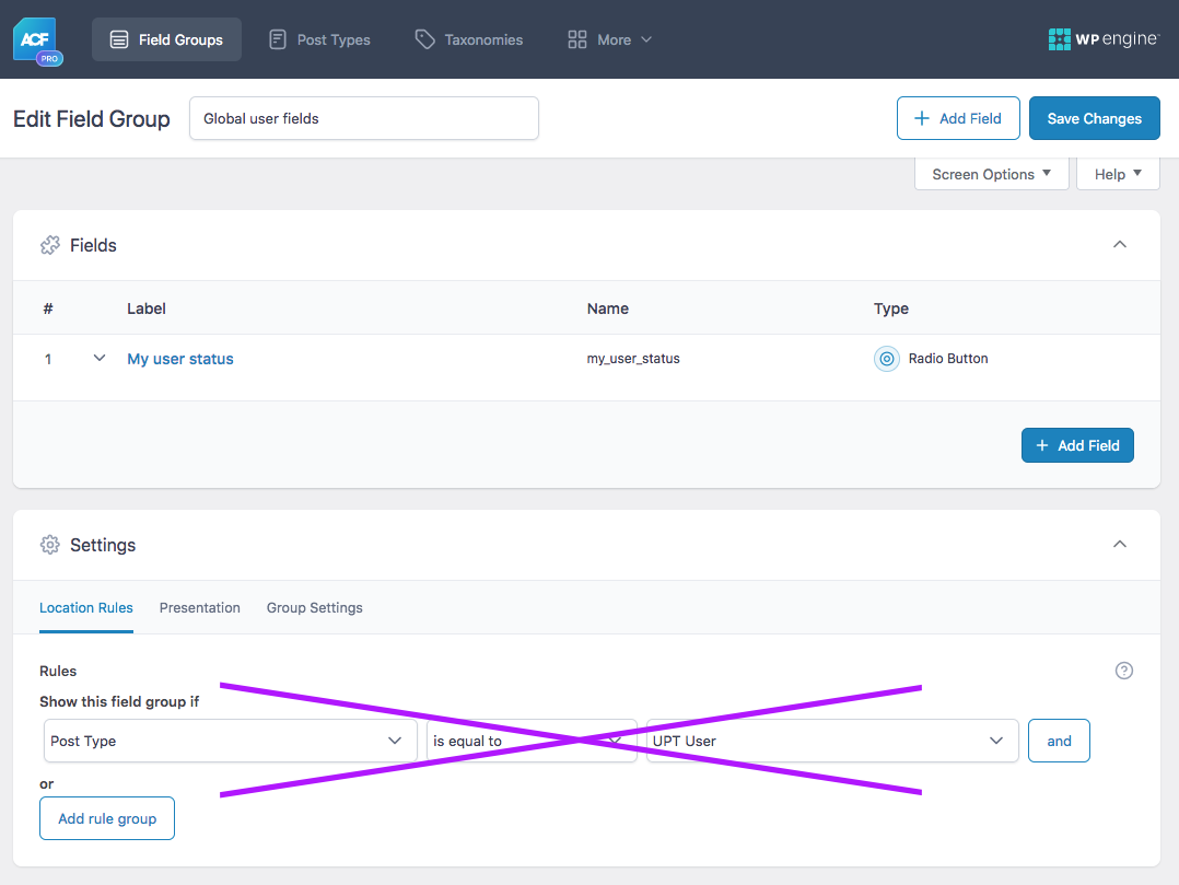 Do not attach the user field group to the upt_user post type.