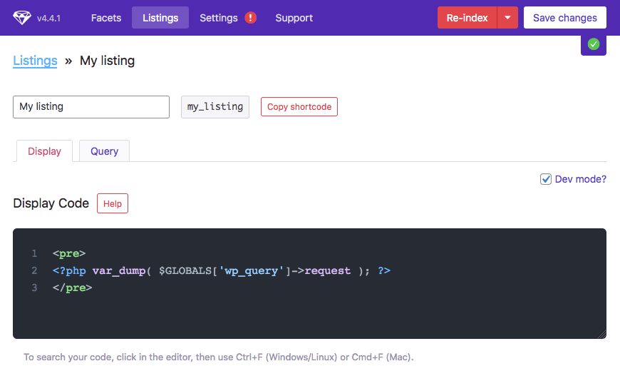How to var_dump() listing query SQL in the listing's Display tab in Dev mode.