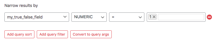 Using an ACF True/False field in a query filter in the Listing Builder.