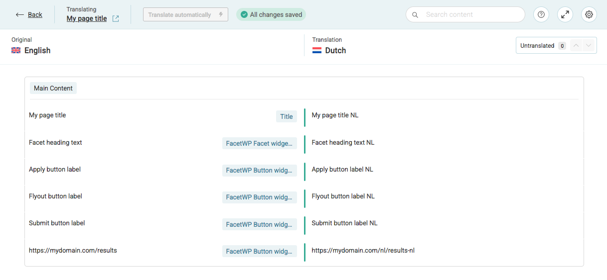 Translatable text/labels of FacetWP Elementor widgets in the WPML Advanced Translation Editor.