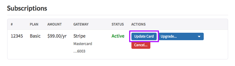 Click 'Update Card' to change your Stripe payment method or credit card info.