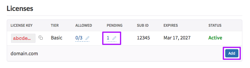Whitelist a site by clicking the pencil icon in the 'Pending' column, and clicking the 'Add' button for the site.