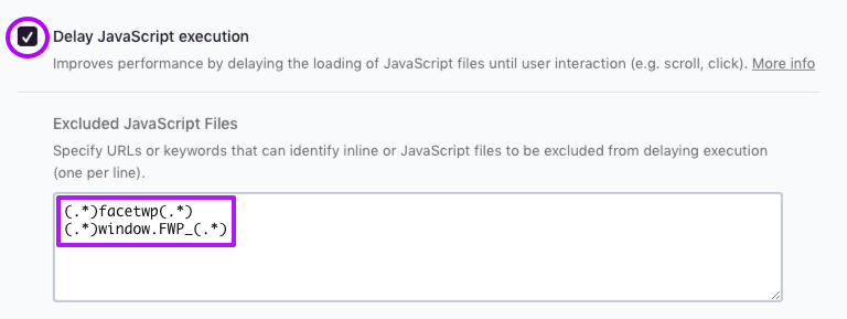 FacetWP and the WP Rocket Delay JavaScript execution setting