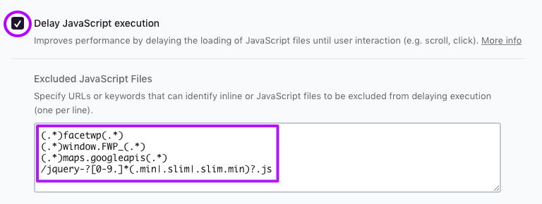 FacetWP and the WP Rocket Delay JavaScript execution setting