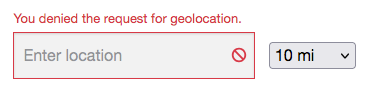 A Proximity facet with an inline geolocation error message.
