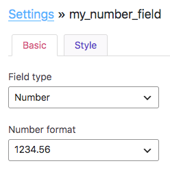 A Listing Builder custom field item set as 'Number' field type, with its 'Number format' setting.